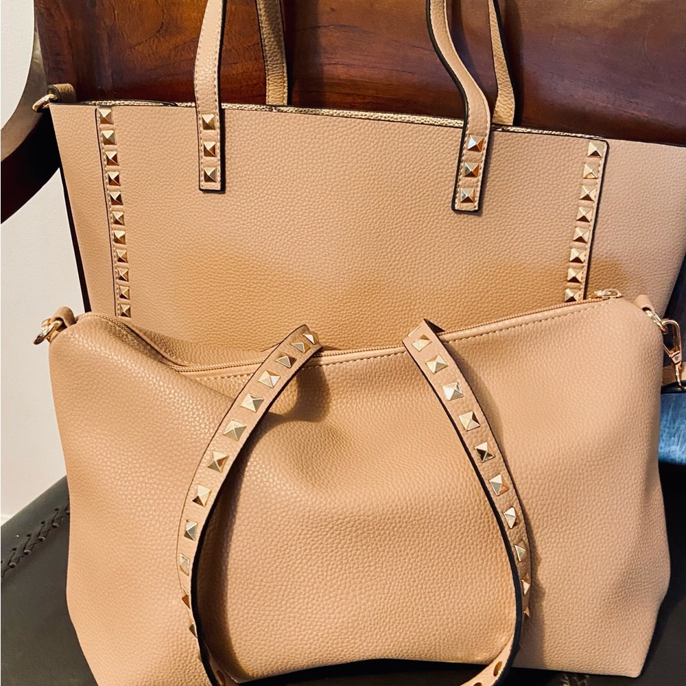 Studded Tan Tote and Crossbody Bag Set